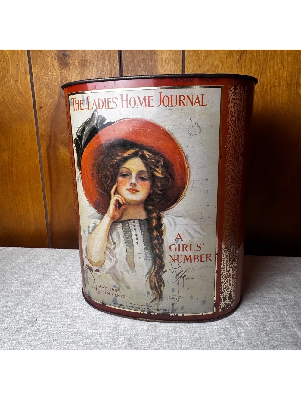 Vintage Cheinco Ladies Home Journal Wastebasket, 1909 Girl’s Number Metal Can